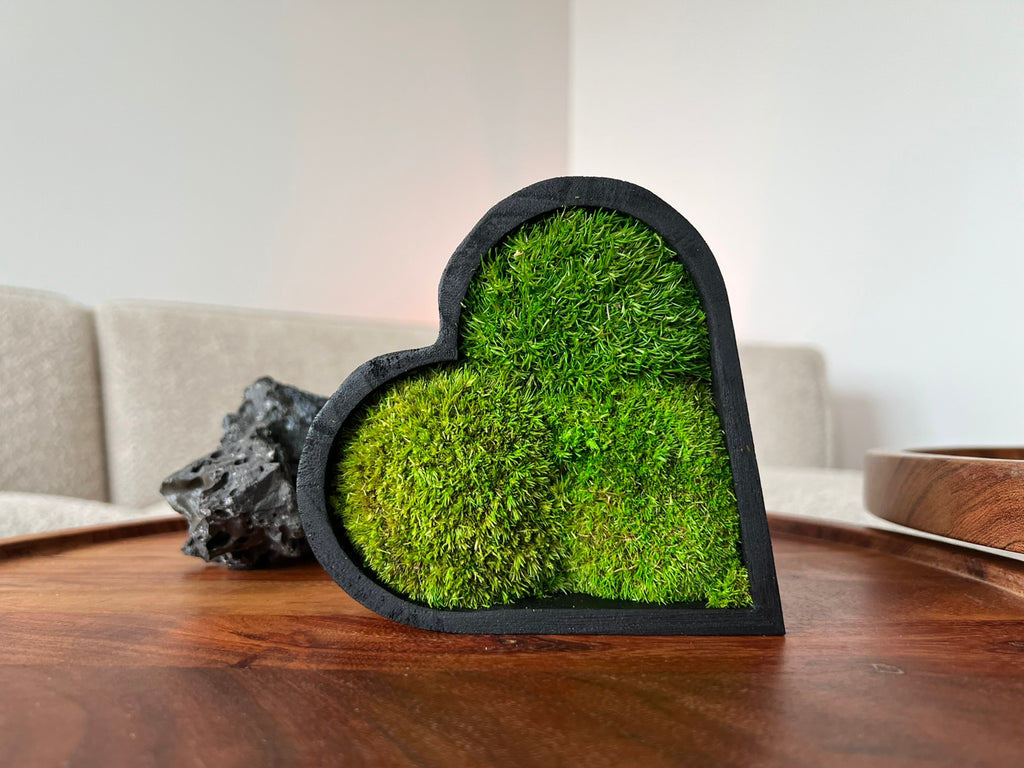 Side view of heart moss art showing wooden frame depth and moss detail
