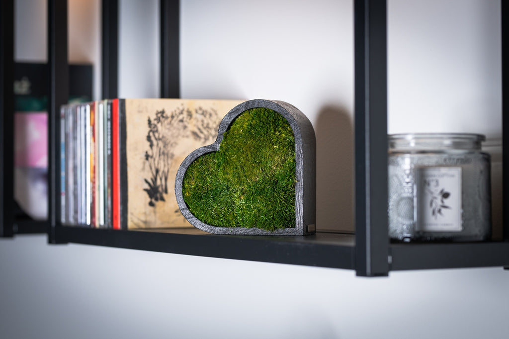 Handmade Icelandic heart moss art with preserved nature green BallMoss in black wooden frame