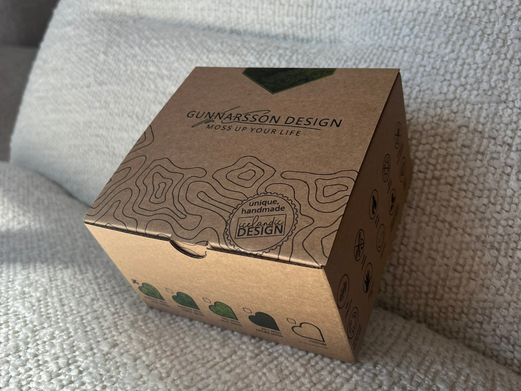 Sustainable packaging for handmade Icelandic heart moss art