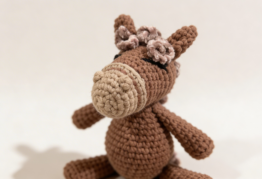 Close-up of Sunna crochet horse showing curly mane and facial details, handmade in Iceland
